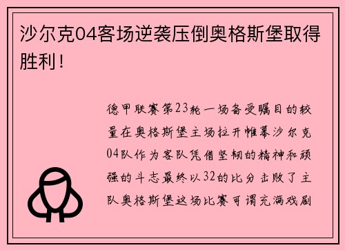 沙尔克04客场逆袭压倒奥格斯堡取得胜利！